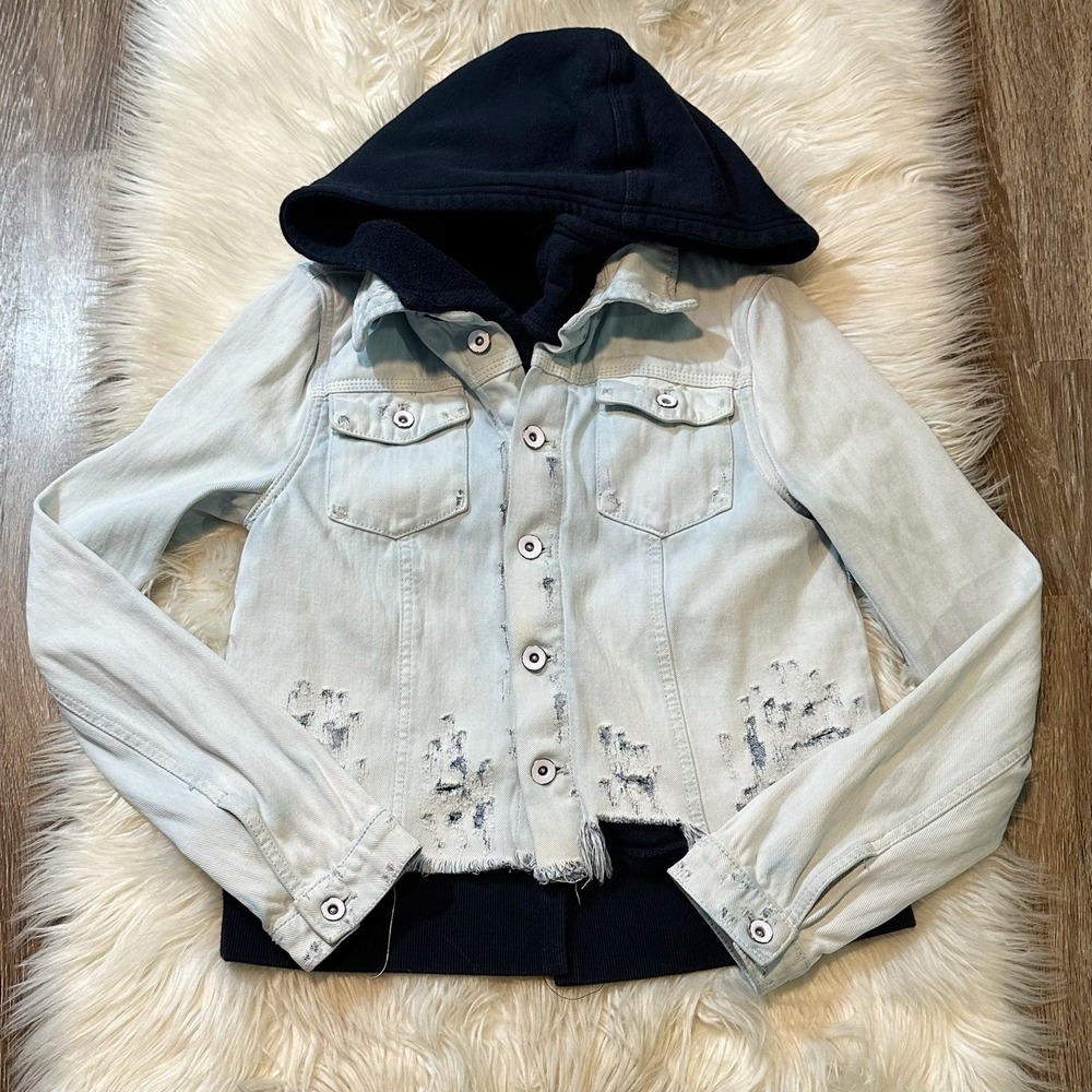 Free People Womens Hoodie Denim Jacket Layered Look Size XS Distressed